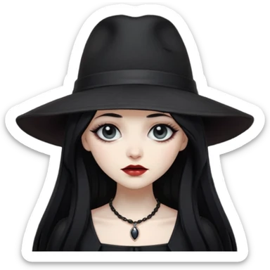 Female Goth with Wide-Brim Hat
 Long straight black hair, white skin, black dress, wide hat casting shadow over eyes. sticker