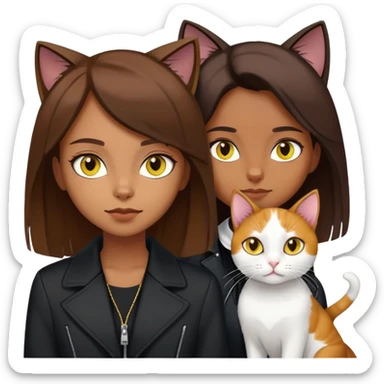 A brown straight-haired girl wearing black jacket with a white cat with yellow eyes and a calico cat sticker