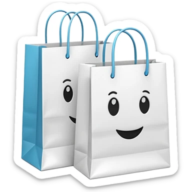 A 3D emoji of two white paper shopping bags, one large and one small, standing next to each other. Soft studio lighting, smooth 3D rendering, claymorphism style, minimalist design, cute, high resolution, isolated on a white background. sticker