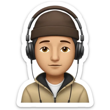 Half body man wearing topi and headphones, eyes closed, realistic emoji style. sticker