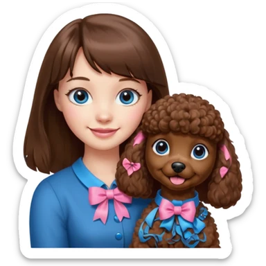 dziewczyna, długie brązowe włosy z grzywką i niebieskie oczy trzyma na rękach brązowego pudelka z różową kokardką sticker