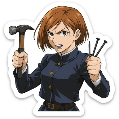 Nobara Kugisaki from Jujutsu Kaisen, short brown hair, holding hammer and nails, fierce expression, anime style sticker