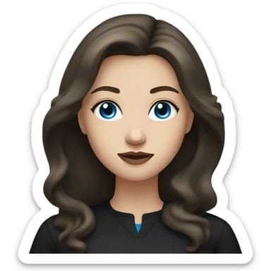 white woman with long mid hair, dark brown hair, blue eyes, round face, uni-lips, wearing a black outfit, stylish. sticker