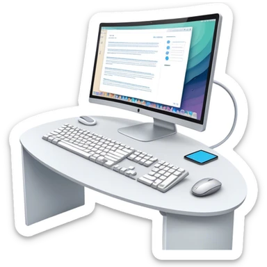 Create an emoji for UX/UI design. Large curved monitor, displaying UX/UI design interface. Include a mouse, keyboard, and stylus, symbolizing the design process. Use modern, professional colors. Do not include any emojis or smiley faces. Make the background transparent. sticker