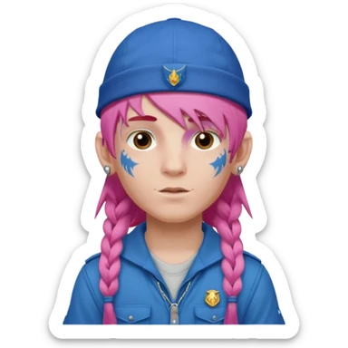 scout boy long hair face tatooes pink haired, wearing blue cap sticker
