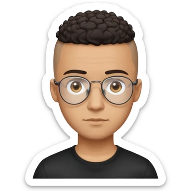 Young Latino man with small oval face and big forehead, clear lens aviator-style eyeglasses with metal frames, completely bald/shaved sides with very short curly dark hair only on top of head, neutral-friendly expression, brown skin, wearing a black t-shirt sticker