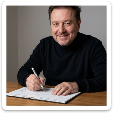 Vertical 2:3 photograph inspired by the reference image, featuring an elegant man in a black sweater, fasting theme. The man is marking fasting days on a calendar with a satisfied expression. Realistic style, clearly conveying the concept of fasting. sticker