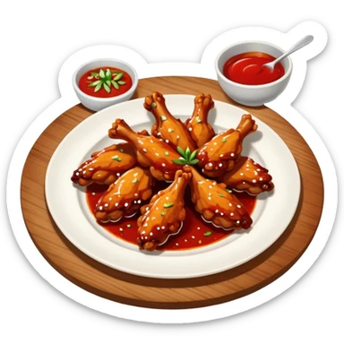 plate of spicy chicken wings with red sauce and chili flakes sticker