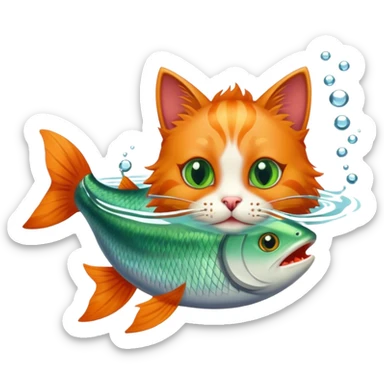 Cat swimming with a fish in their mouth sticker