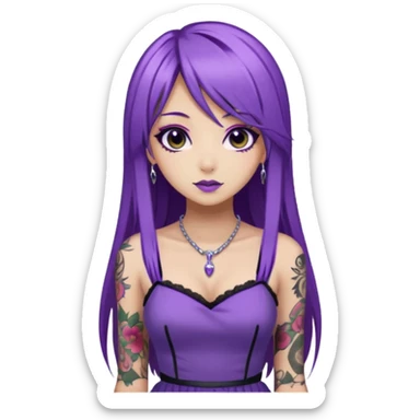 hime gyaru girl, long straight purple hair, tattoos, dark makeup sticker