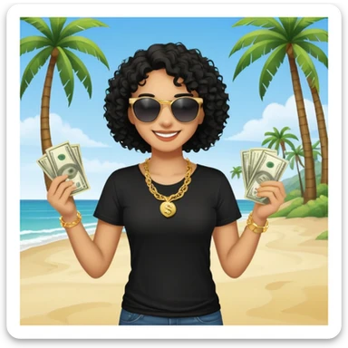 Mixed-race person with curly hair smiling, wearing black t-shirt, necklace and sunglasses, holding dollar bills in both hands, at beach with palm trees sticker