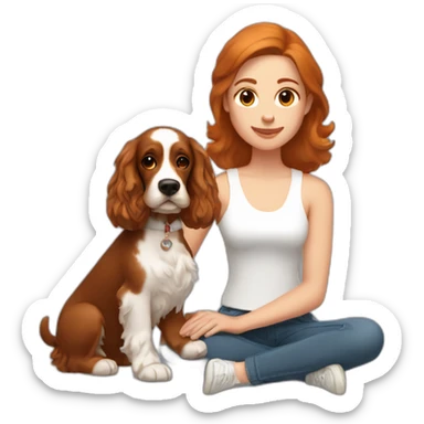 woman with dark brown hair in white singlet with ginger cocker spaniel on her lap sticker