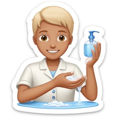 person washing hands with soap and water, cheerful expression, simple and clear sticker
