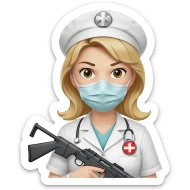 angry dark blonde nurse with an assault rifle sticker