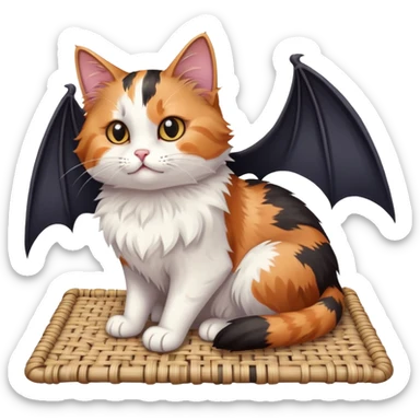 cat sitting on a mat with two bats flying nearby sticker