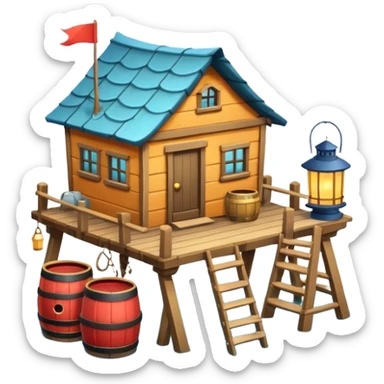 
fisherman house on a wooden pier, small dock, fishing nets hanging, barrels, lantern, ocean vibe, 3D cartoon, cute mobile game icon, clean background, no text
 sticker