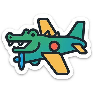a war plane fused with a crocodile, bold illustrative style, vibrant colors, strong lines sticker