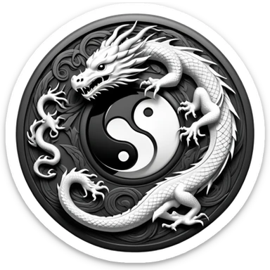 An icon symbolizing Eastern martial arts in the style of an emblem, featuring a black-and-white Yin-Yang symbol and a dragon at the center, surrounded by elements like a dojo. Transparent background highlights balance and power. sticker