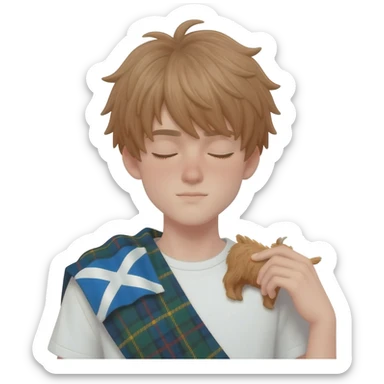 femboy with messy light brown bangs covering the eyes with scottish flag on his shoulders pets a cute highland cow sticker