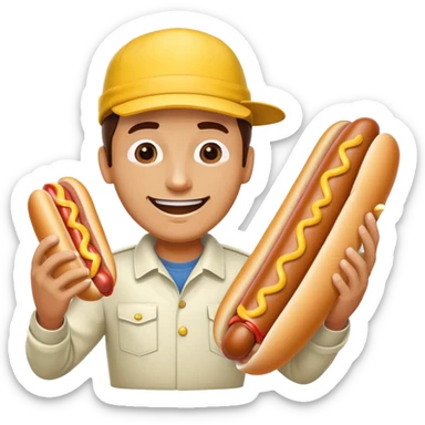 man wearing a yellow hat and jumpsuit eating a giant hot dog sticker