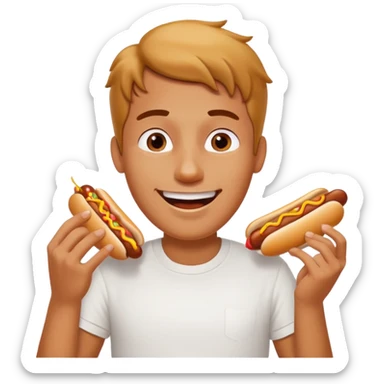 A man eating a chili-covered hot dog with delighted eyes.






















 sticker