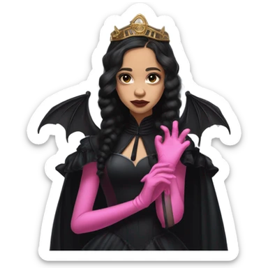 standing flirty Lavish black evening gown with see-through gloves, Jenna Ortega as Addams woman wearing a steampunk mini tiara, very large blood pink evil-looking horned old dragon sticker