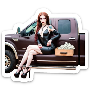 Lilith model red eye seductress evil long brown haired sexy succubus woman with leather long dress with slit, sitting in Big Large F350 pickup truck. Black Platform high heels on feet. Tattoo sleeve arms, seat full of stacks of cash, and a man dead human skull of her enemies and a gun in other hand sticker