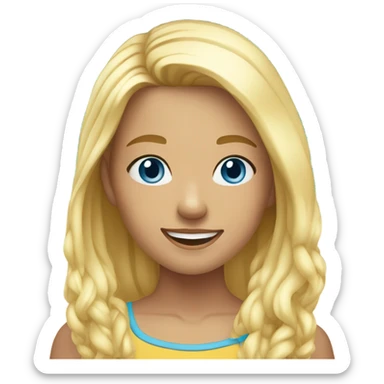 A young girl with blue eyes and blonde hair smiling standing in front of the beach sticker