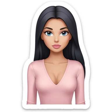 Glamours, tanned, very beautiful girl, with big pump peach-beige-rose lips, long long lashes, black straight smooth silky long hair, straight parting hair, blue-grey eyes in light pink long-sleeves v-neck bodysuit sticker