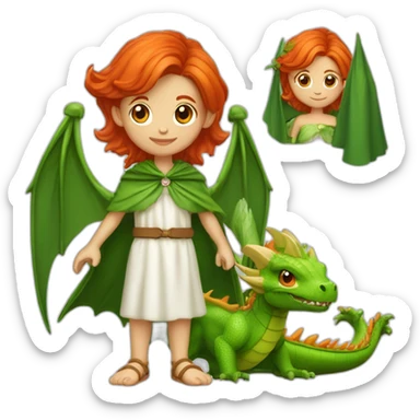 fée rousse avec une cape verte et capuche portant un bébé dragon blanc sticker