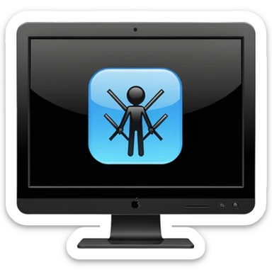 Minimalistic flat vector icon, iOS style, thin black contour on white background. Computer monitor showing a simple stickman character inside a game world. Clean, no text, no shadows sticker