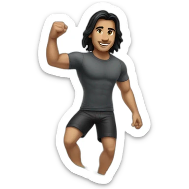 guy with long black hair in short and t-shirt surfing a wave sticker