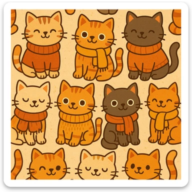 cute cats in scarves and sweaters, seamless pattern, autumn colors, warm and cozy vibe, playful cartoon style sticker