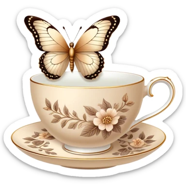 A delicate butterfly with pastel beige  wings, resting on the edge of a perl porcelain teacup adorned with intricate brown floral patterns. sticker