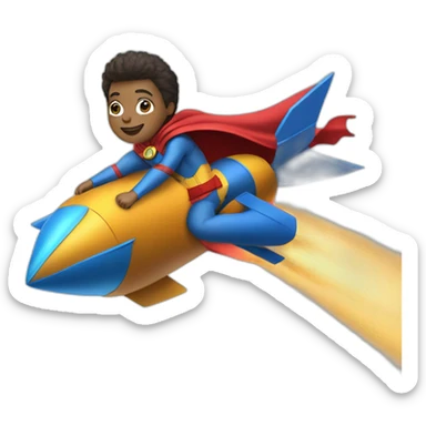 person dressed with a superhero cape but without mask is riding on a rocket sticker
