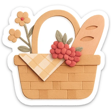 a picnic basket with berries, bread, and flowers, warm pastel shades, paper craft style sticker