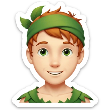 Cinematic Realistic Peter Pan Portrait, head tilted playfully and inquisitively, capturing his mischievous smile and twinkling eyes. The intricacies of his whimsical attire and the soft interplay of natural light bring to life his adventurous energy and childlike charm with a hint of daring strength. sticker