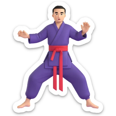 Martial artist in dynamic kung fu pose, wearing traditional loose outfit with sash sticker