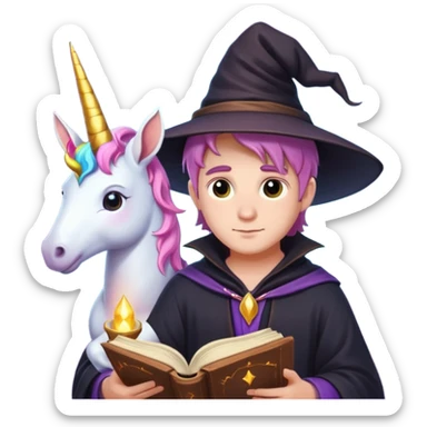 Cute male witch and unicorn reading a magic book sticker