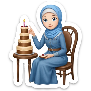 Turkish beautiful finish Konya girl blue eyes with denim hijab long tail dress and sits on the chair and holds cake with her hand  sticker