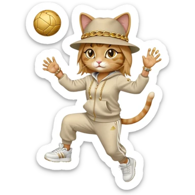 female cat dressed like Run DMC in tracksuit, fedora, Adidas shoes, lots of gold chains, rings, bracelets, earrings, catching a ball high in the air, no sunglasses sticker