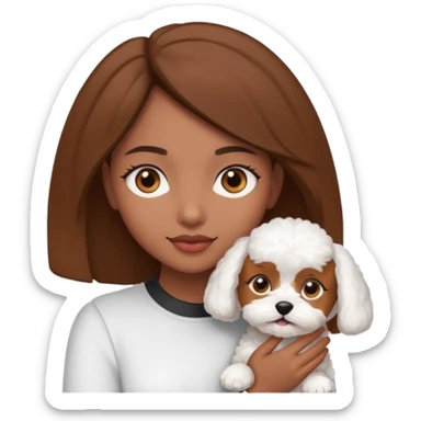 Chica morena ojos marrones con un bichón maltés en los brazos sticker