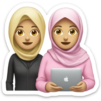 Software engineer wearing a pink hijab, a blonde Berber woman with a Macbook on the side sticker