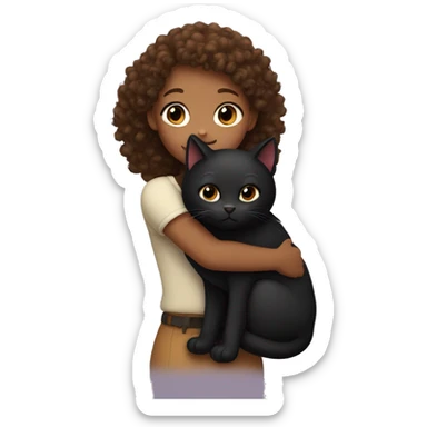A brown skinned curly haired girl hugging a black cat  sticker