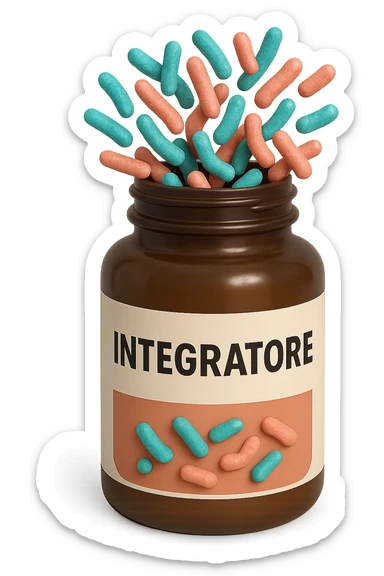 EMOJI STILE IPHONE DI boccetta di integratore con la scritta "INTEGRATORE" SULL'ETICHETTA, con batteri intestinali turchesi e rosa salmone che escono, IPERREALISTICO 4K sticker