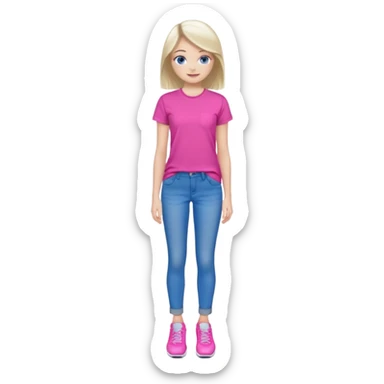 beautiful girl with fair hair, blue eyes, in a vivid pink shirt, grey jeans and white trainers sticker