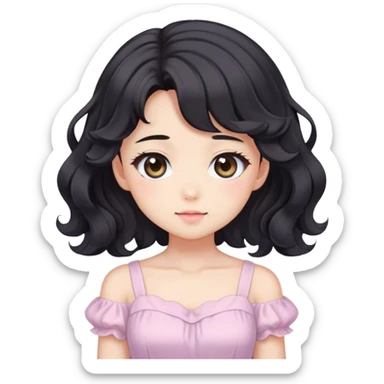 Cute kawaii anime lady with beautiful black wavy hair wearing a gorgeous soft feminine pastel dress sticker