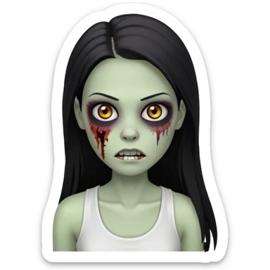 девушка зомби с темными длинными прямыми волосами, с черными макияжем глаз, тонкими бровями в стиле Apple avatar, оделся в белую майку sticker