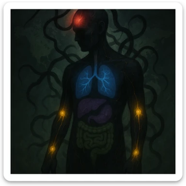 semi-realistic, moody human silhouette with colored auras around organs (red: emicrania, blue: asma, yellow: artrite, green: colite, viola: cirrosi), dark worm-like forms, glowing cracks, green mist, world map sticker