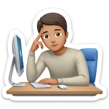 emoji of a man sitting at the table with an imac on it, a man is sitting in a very thoughtful pose, he has his hands on the table and his head resting on them sticker